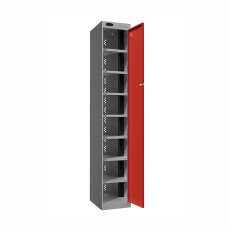 Probe PowerBox Locker — 8 Door, Flat Top, 3-Pin Mains + USB-A + USB-C Charging — Silver Carcass / Red Doors