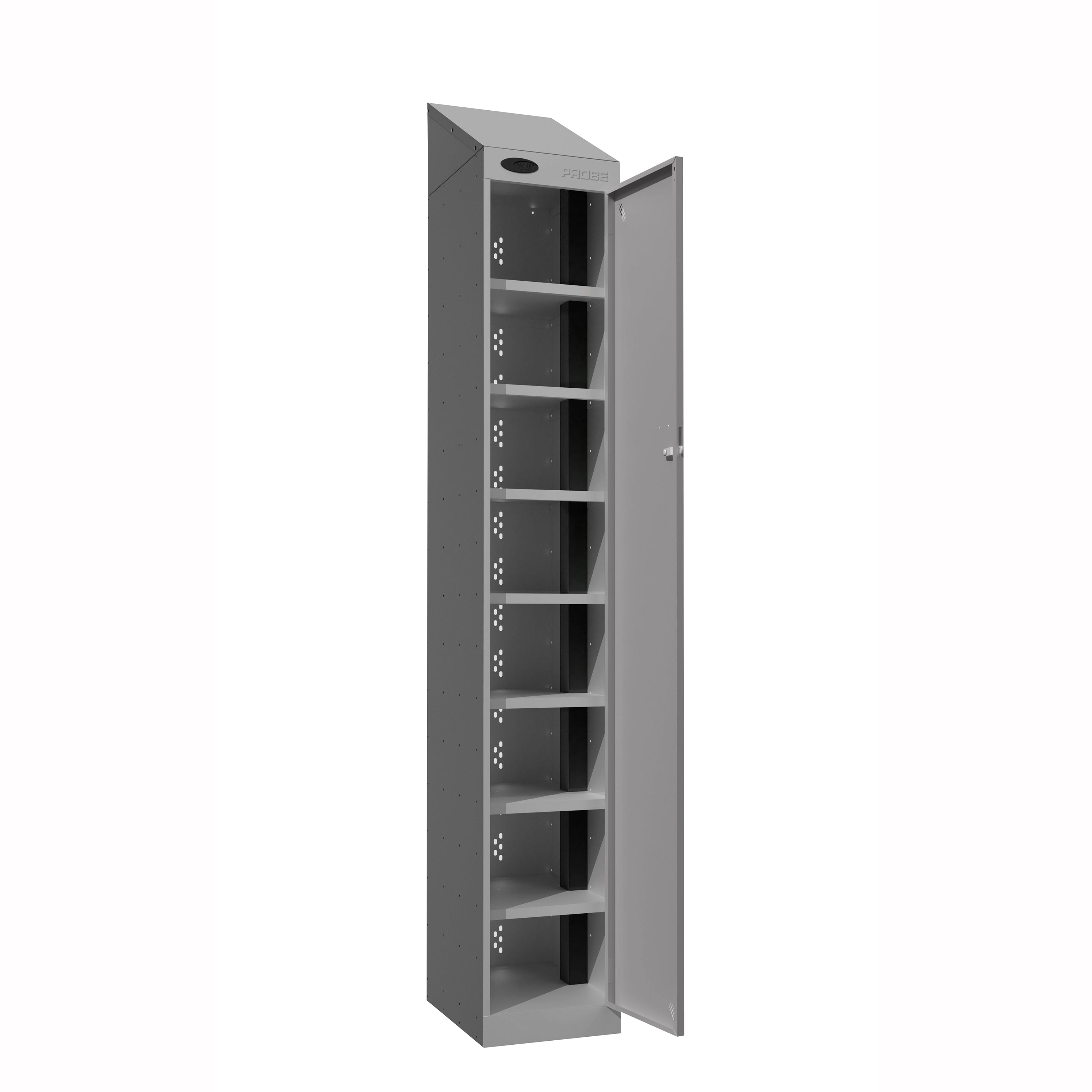 Probe PowerBox Locker — 8 Door, Sloping Top, USB-A + USB-C Charging — Silver Carcass / Silver Doors