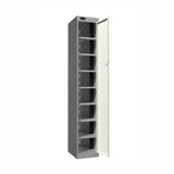 Probe PowerBox Locker — 8 Door, Flat Top, 3-Pin Mains + USB-A + USB-C Charging — Silver Carcass / White Doors