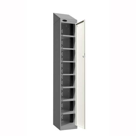 Probe PowerBox Locker — 8 Door, Sloping Top, USB-A + USB-C Charging — Silver Carcass / White Doors