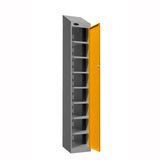 Probe PowerBox Locker — 8 Door, Sloping Top, USB-A + USB-C Charging — Silver Carcass / Yellow Doors