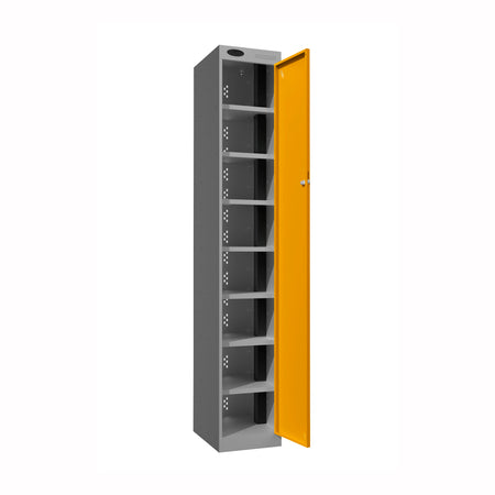 Probe PowerBox Locker — 8 Door, Flat Top, 3-Pin Mains + USB-A + USB-C Charging — Silver Carcass / Yellow Doors