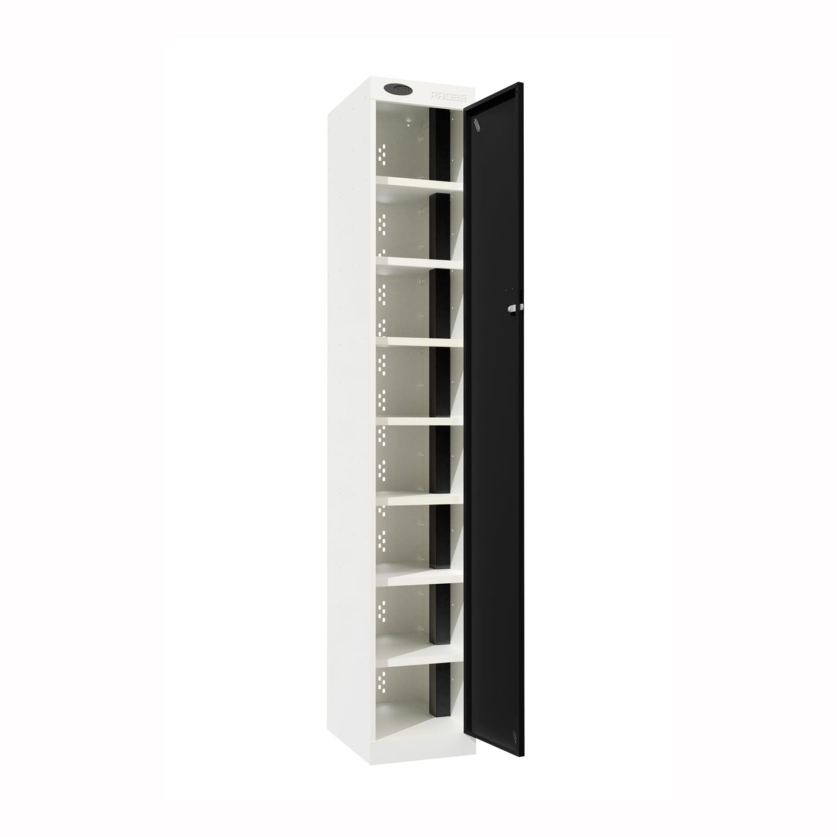 Probe PowerBox Locker — 8 Door, Flat Top, USB-A + USB-C Charging — White Carcass / Black Doors