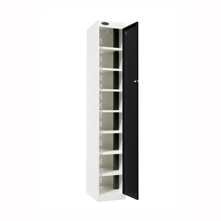 Probe PowerBox Locker — 8 Door, Flat Top, USB-A + USB-C Charging — White Carcass / Black Doors