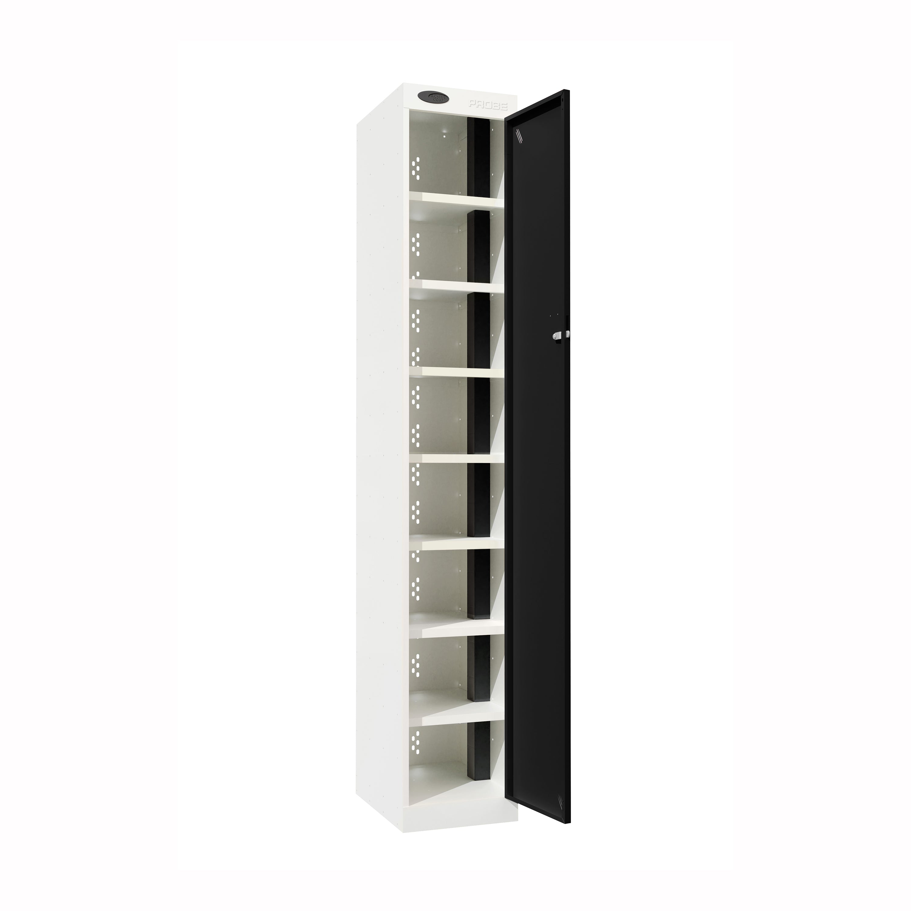 Probe PowerBox Locker — 8 Door, Flat Top, 3-Pin Mains + USB-A + USB-C Charging — White Carcass / Black Doors