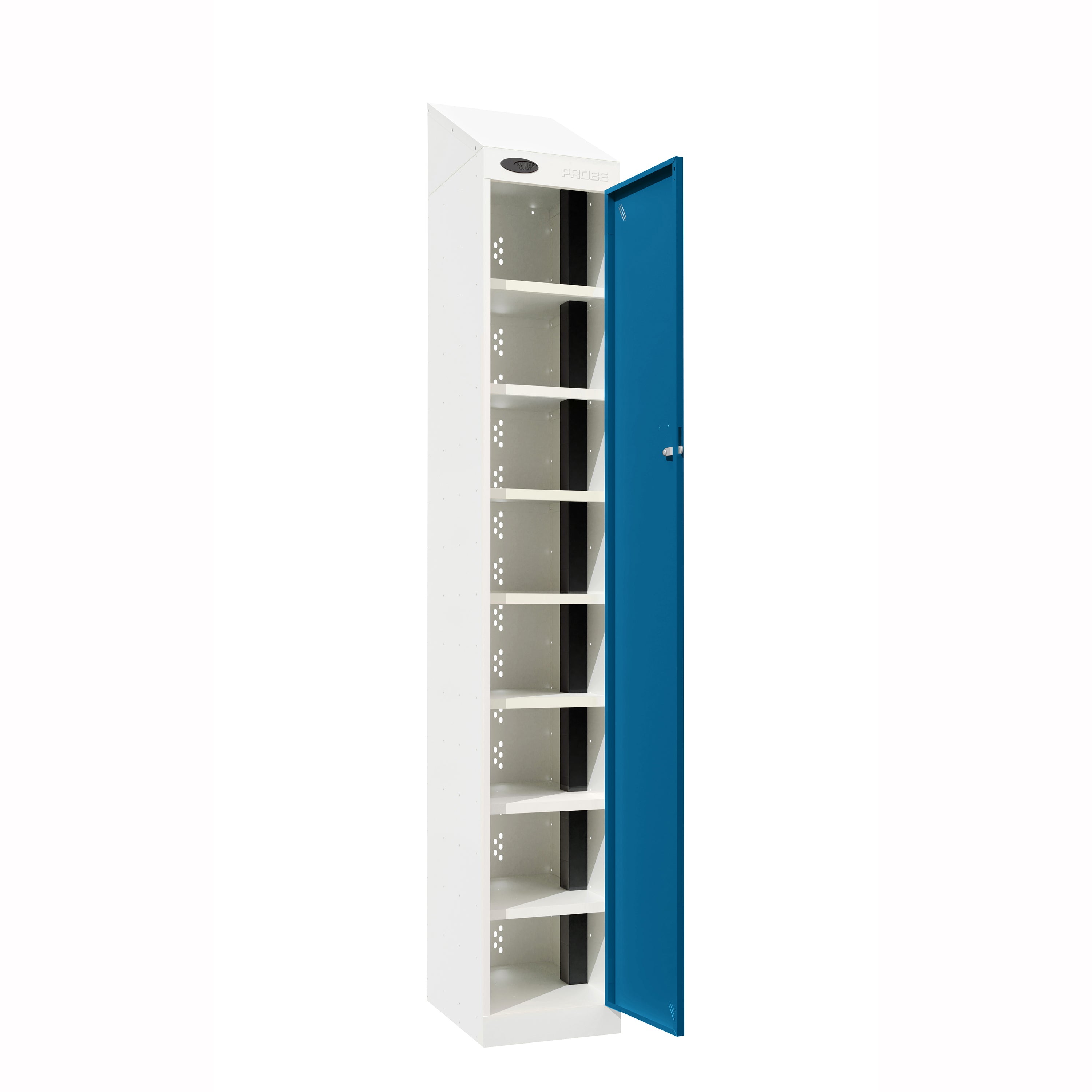 Probe PowerBox Locker — 8 Door, Sloping Top, USB-A + USB-C Charging — White Carcass / Blue Doors