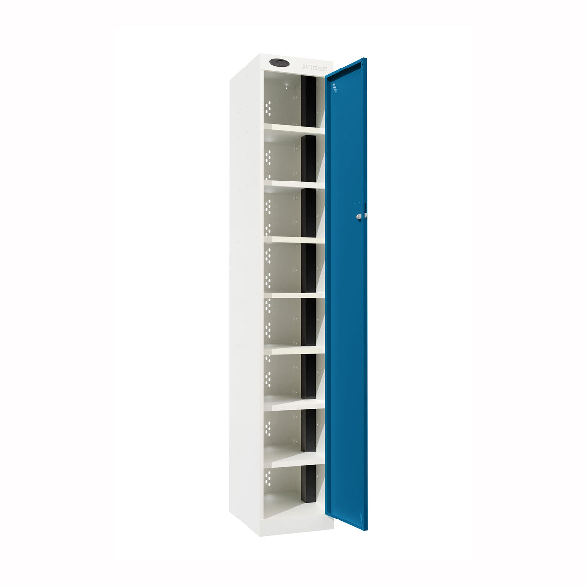 Probe PowerBox Locker — 8 Door, Flat Top, 3-Pin Mains + USB-A + USB-C Charging — White Carcass / Blue Doors