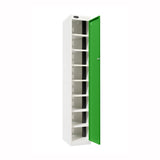 Probe PowerBox Locker — 8 Door, Flat Top, 3-Pin Mains + USB-A + USB-C Charging — White Carcass / Green Doors