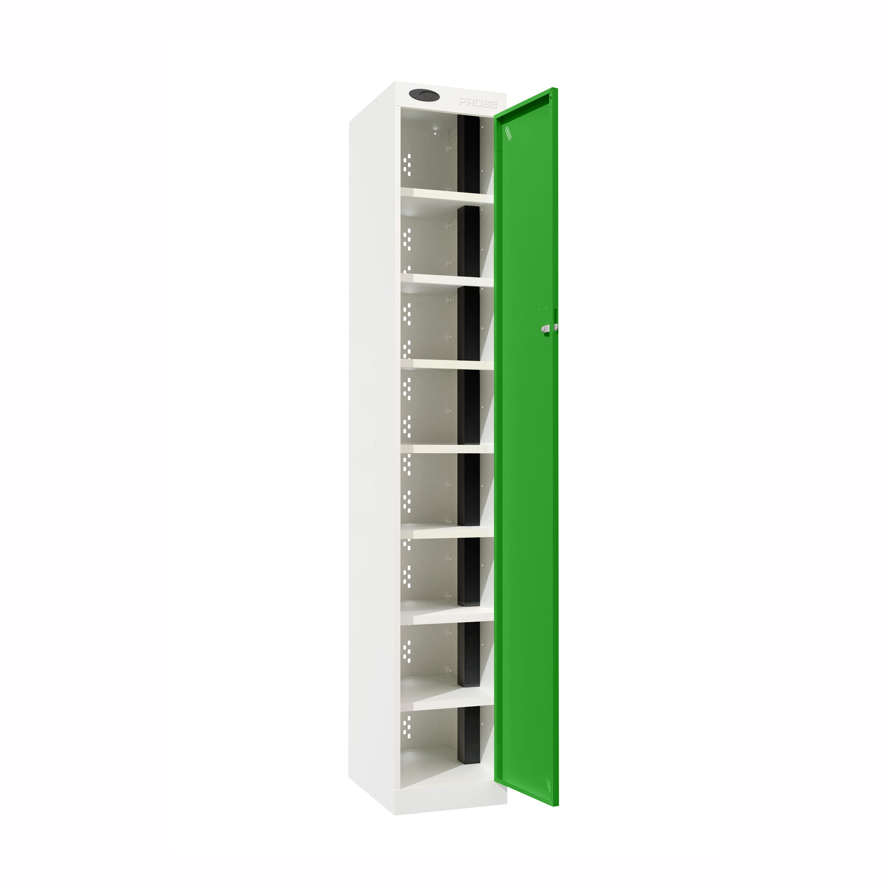 Probe PowerBox Locker — 8 Door, Flat Top, 3-Pin Mains + USB-A + USB-C Charging — White Carcass / Green Doors