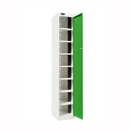Probe PowerBox Locker — 8 Door, Flat Top, USB-A + USB-C Charging — White Carcass / Green Doors