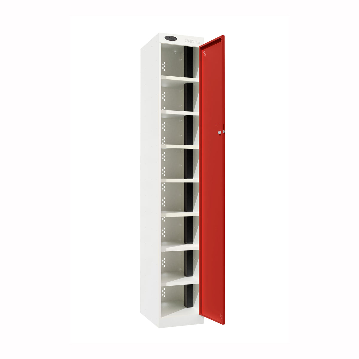 Probe PowerBox Locker — 8 Door, Flat Top, 3-Pin Mains + USB-A + USB-C Charging — White Carcass / Red Doors