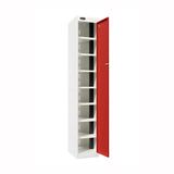 Probe PowerBox Locker — 8 Door, Flat Top, 3-Pin Mains + USB-A + USB-C Charging — White Carcass / Red Doors