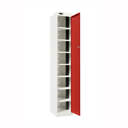 Probe PowerBox Locker — 8 Door, Flat Top, 3-Pin Mains + USB-A + USB-C Charging — White Carcass / Red Doors