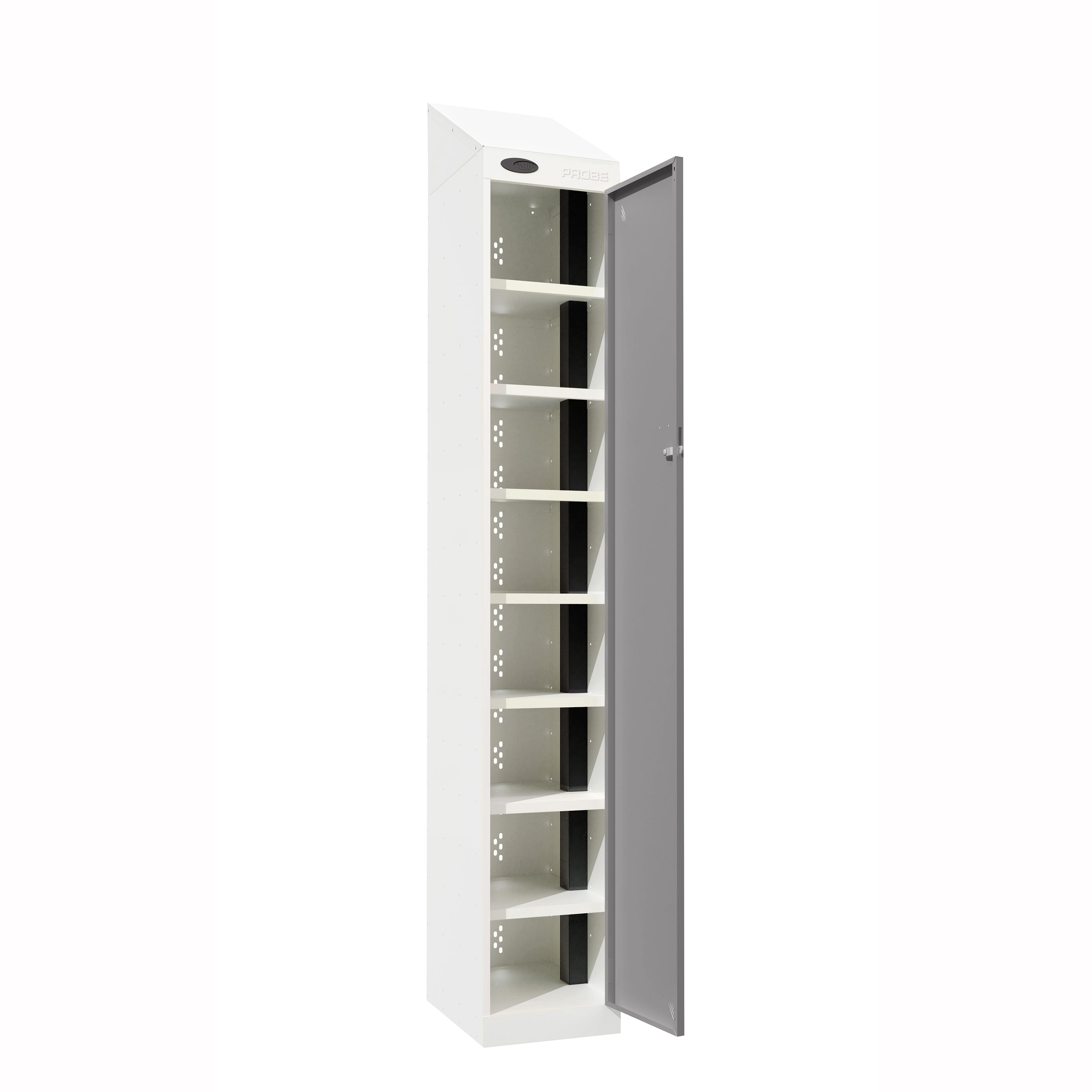 Probe PowerBox Locker — 8 Door, Sloping Top, USB-A + USB-C Charging — White Carcass / Silver Doors