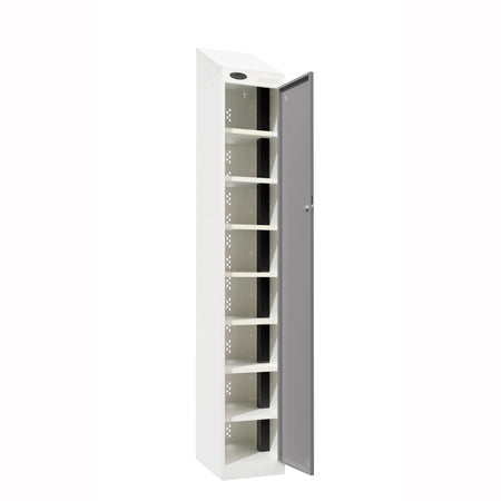 Probe PowerBox Locker — 8 Door, Sloping Top, USB-A + USB-C Charging — White Carcass / Silver Doors