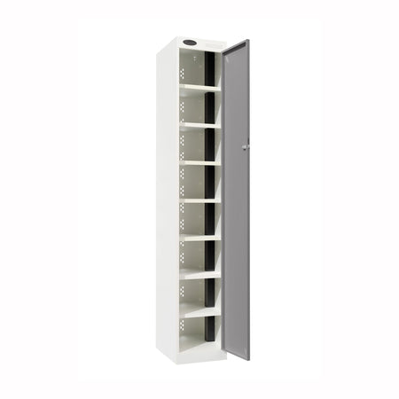 Probe PowerBox Locker — 8 Door, Flat Top, 3-Pin Mains + USB-A + USB-C Charging — White Carcass / Silver Doors