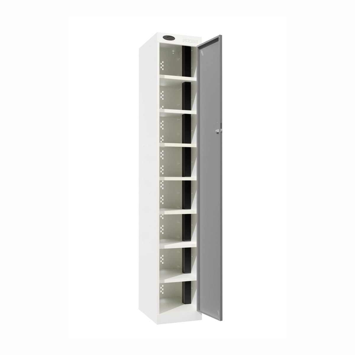 Probe PowerBox Locker — 8 Door, Flat Top, USB-A + USB-C Charging — White Carcass / Silver Doors