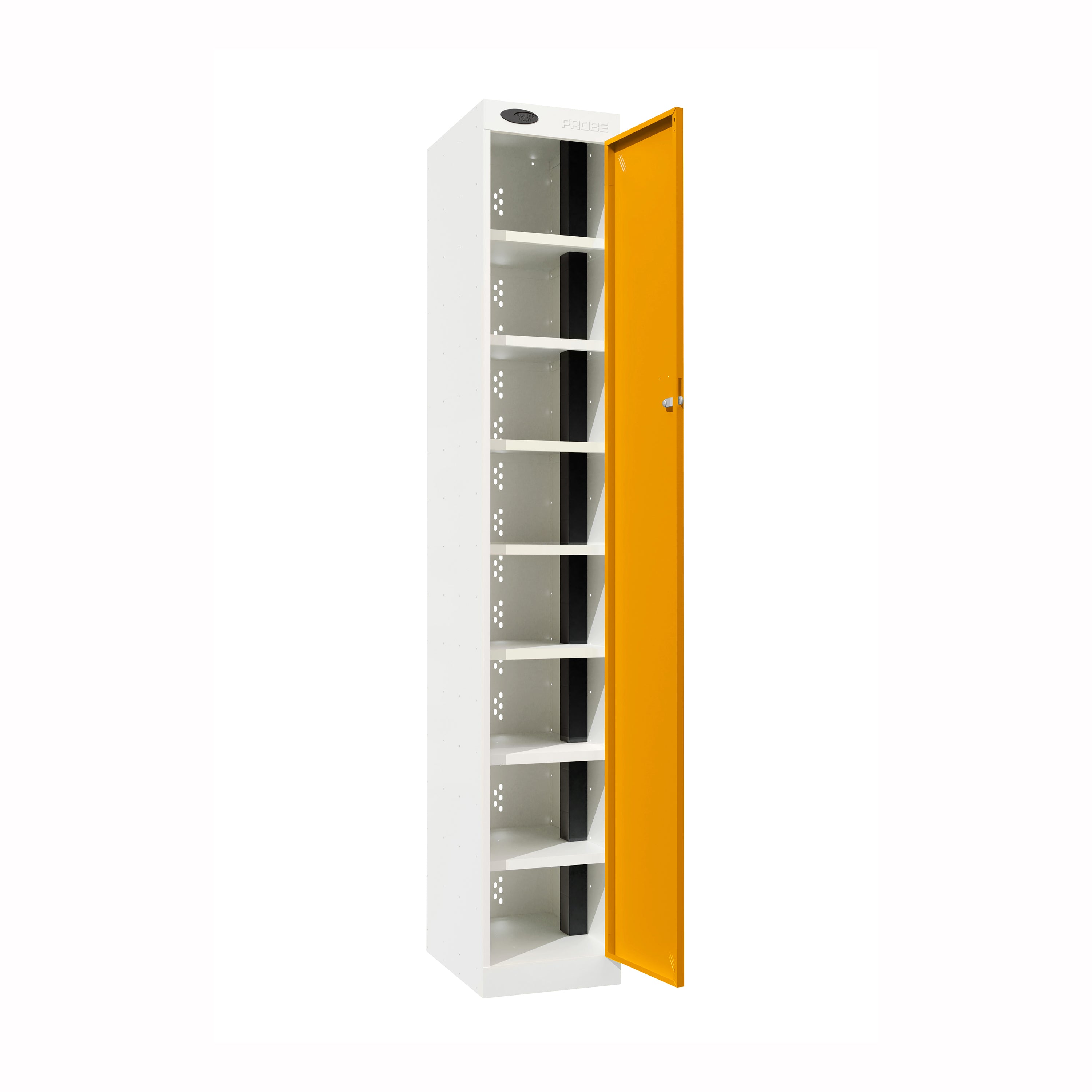 Probe PowerBox Locker — 8 Door, Flat Top, USB-A + USB-C Charging — White Carcass / Yellow Doors