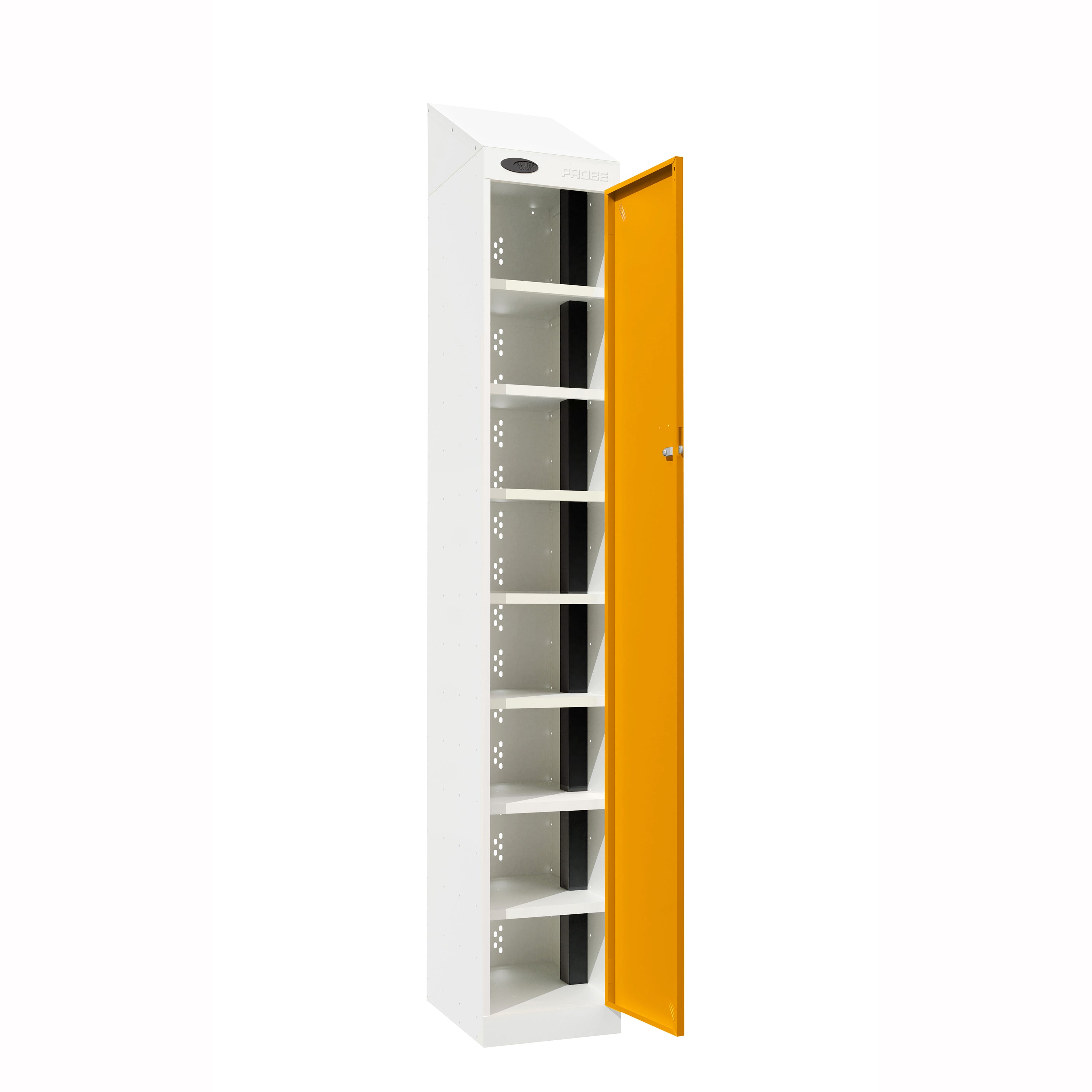 Probe PowerBox Locker — 8 Door, Sloping Top, USB-A + USB-C Charging — White Carcass / Yellow Doors