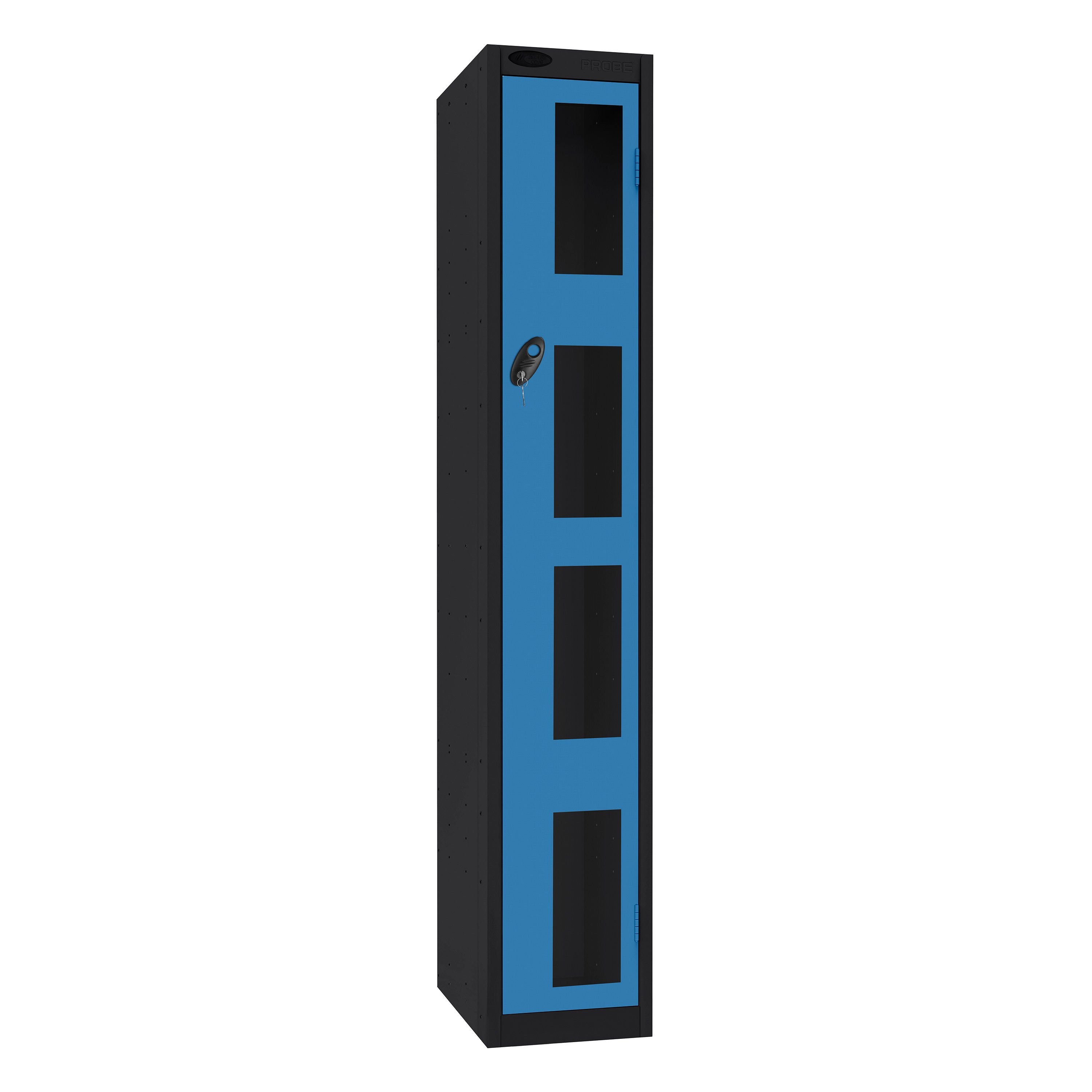 Probe Vision Panel Metric Locker — 1 Door, Flat Top, 300mm — Black Carcass / Blue Doors