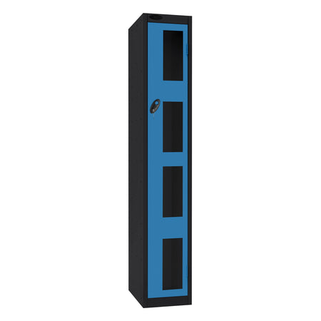 Probe Vision Panel Metric Locker — 1 Door, Flat Top, 300mm — Black Carcass / Blue Doors