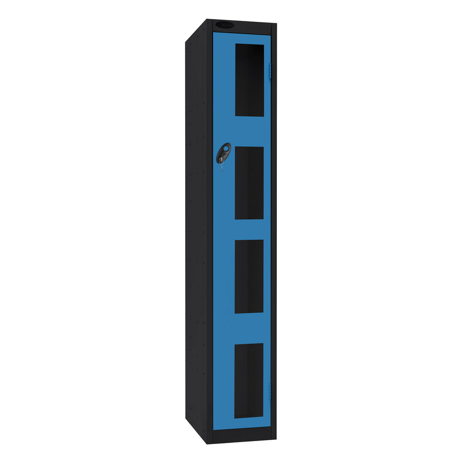 Probe Vision Panel Metric Locker — 1 Door, Flat Top, 300mm — Black Carcass / Blue Doors