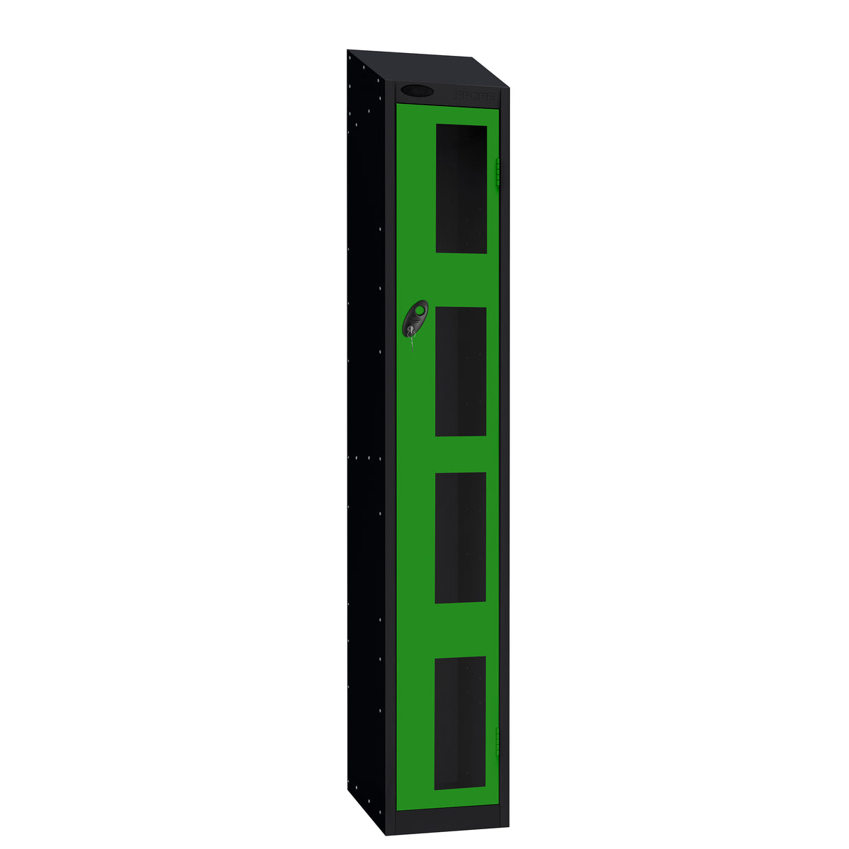 Probe Vision Panel Metric Locker — 1 Door, Sloping Top, 300mm — Black Carcass / Green Doors