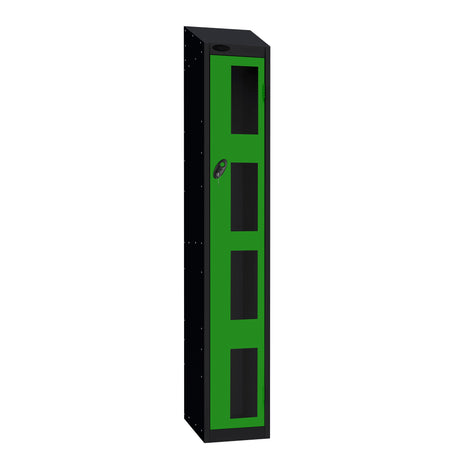 Probe Vision Panel Metric Locker — 1 Door, Sloping Top, 300mm — Black Carcass / Green Doors