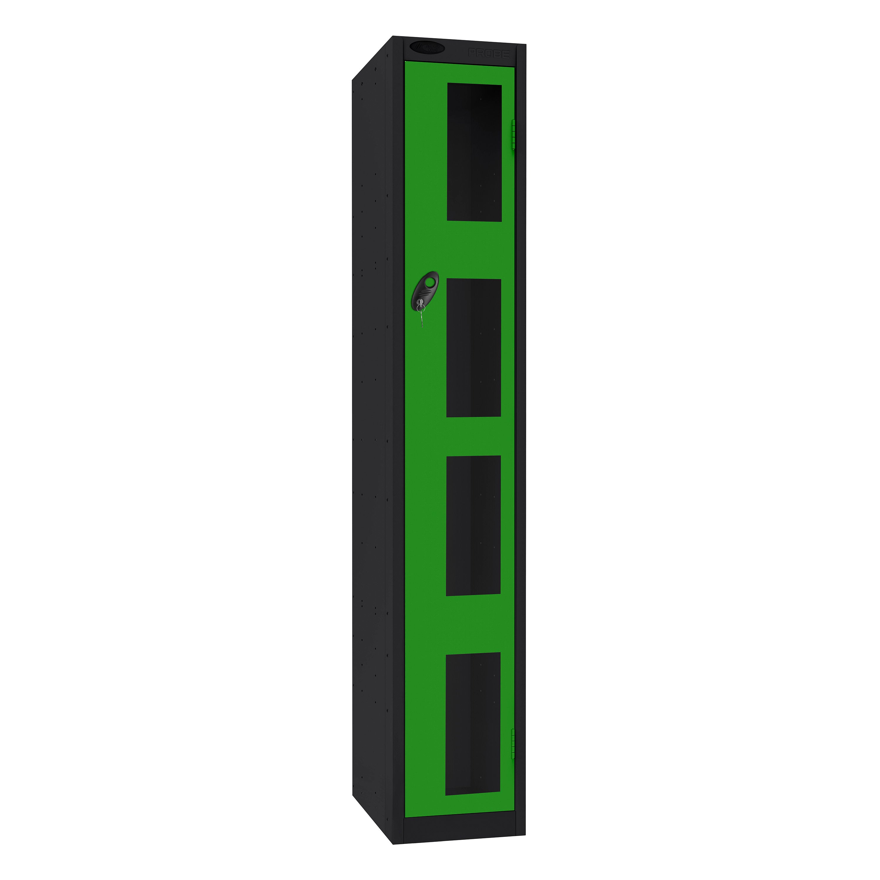 Probe Vision Panel Metric Locker — 1 Door, Flat Top, 300mm — Black Carcass / Green Doors