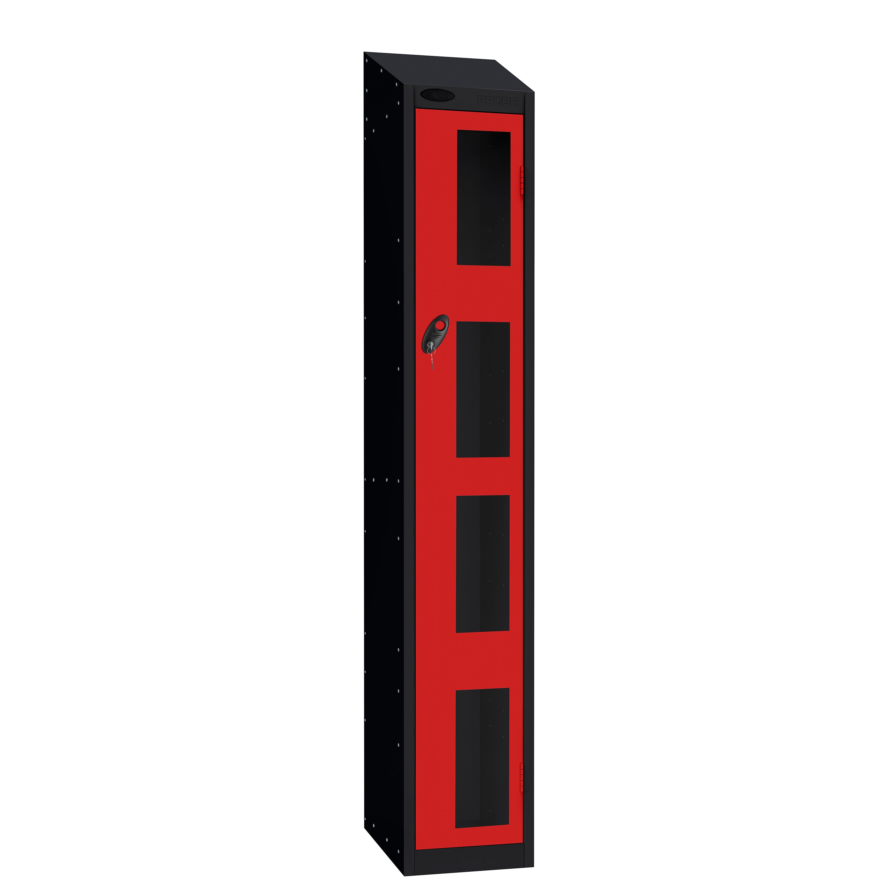 Probe Vision Panel Metric Locker — 1 Door, Sloping Top, 300mm — Black Carcass / Red Doors
