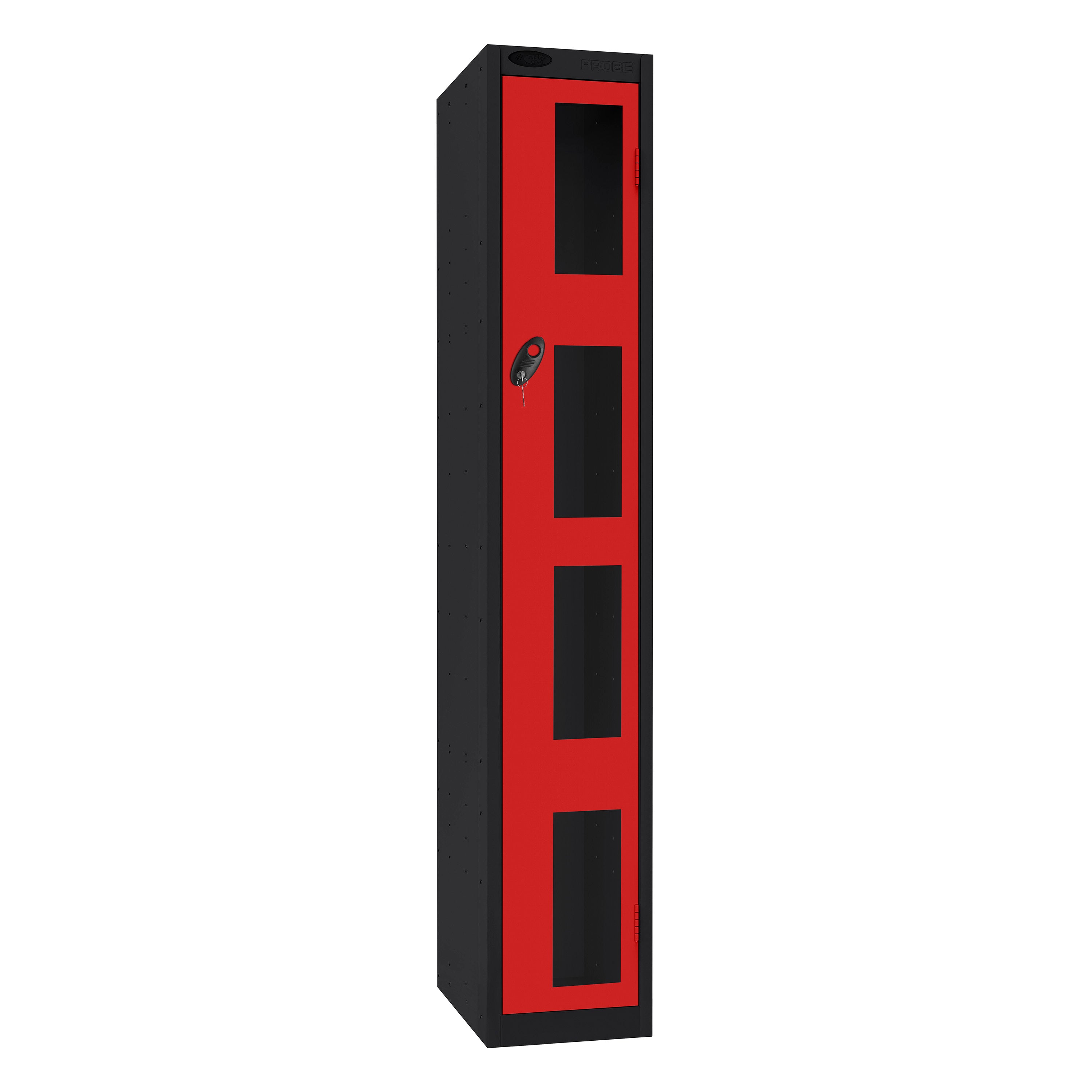 Probe Vision Panel Metric Locker — 1 Door, Flat Top, 300mm — Black Carcass / Red Doors