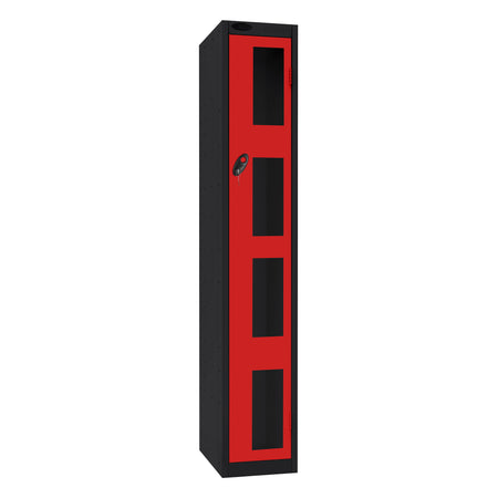 Probe Vision Panel Metric Locker — 1 Door, Flat Top, 300mm — Black Carcass / Red Doors