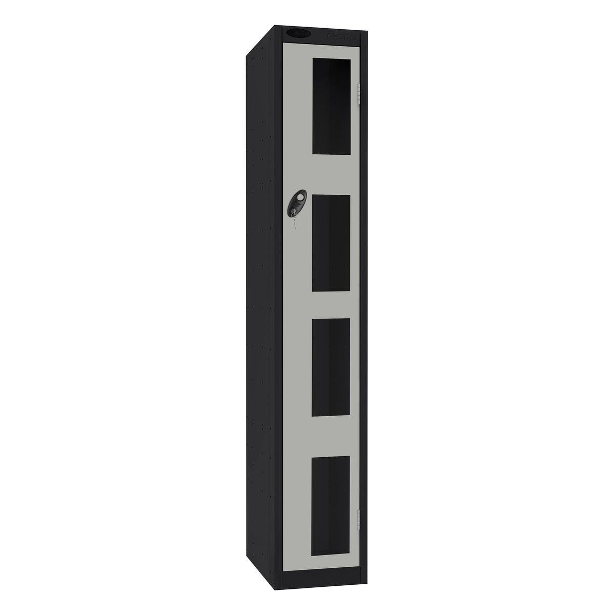 Probe Vision Panel Metric Locker — 1 Door, Flat Top, 300mm — Black Carcass / Silver Doors