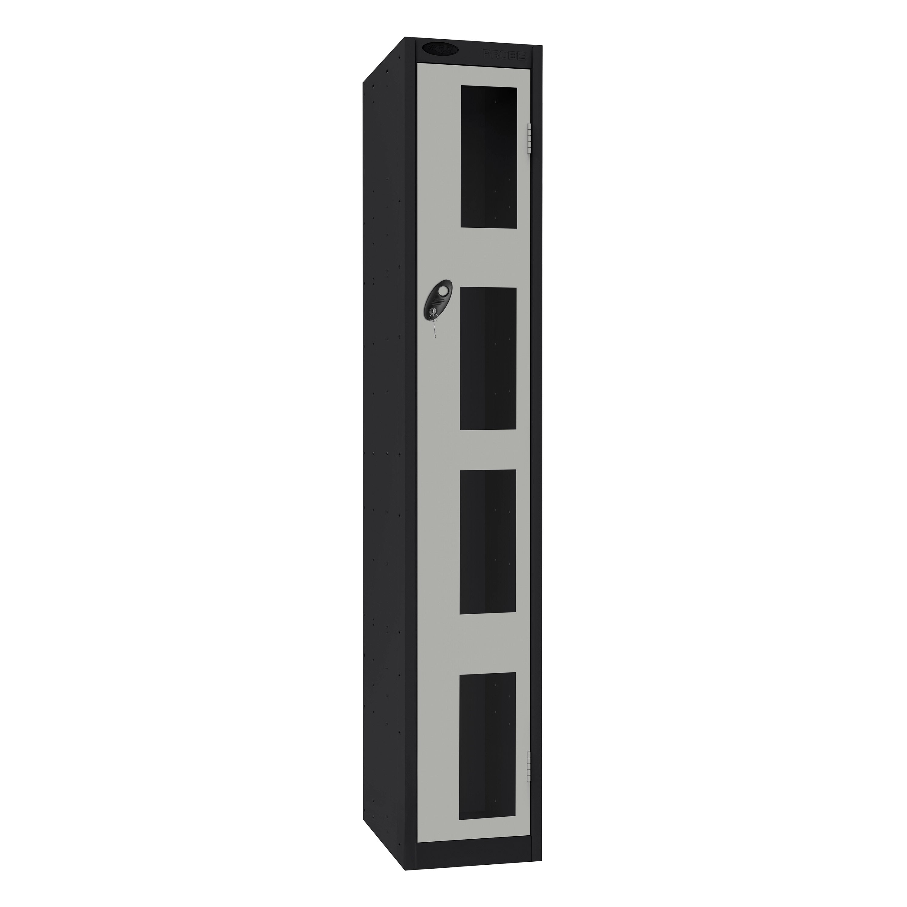 Probe Vision Panel Metric Locker — 1 Door, Flat Top, 300mm — Black Carcass / Silver Doors