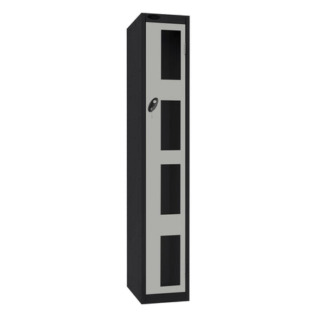 Probe Vision Panel Metric Locker — 1 Door, Flat Top, 300mm — Black Carcass / Silver Doors