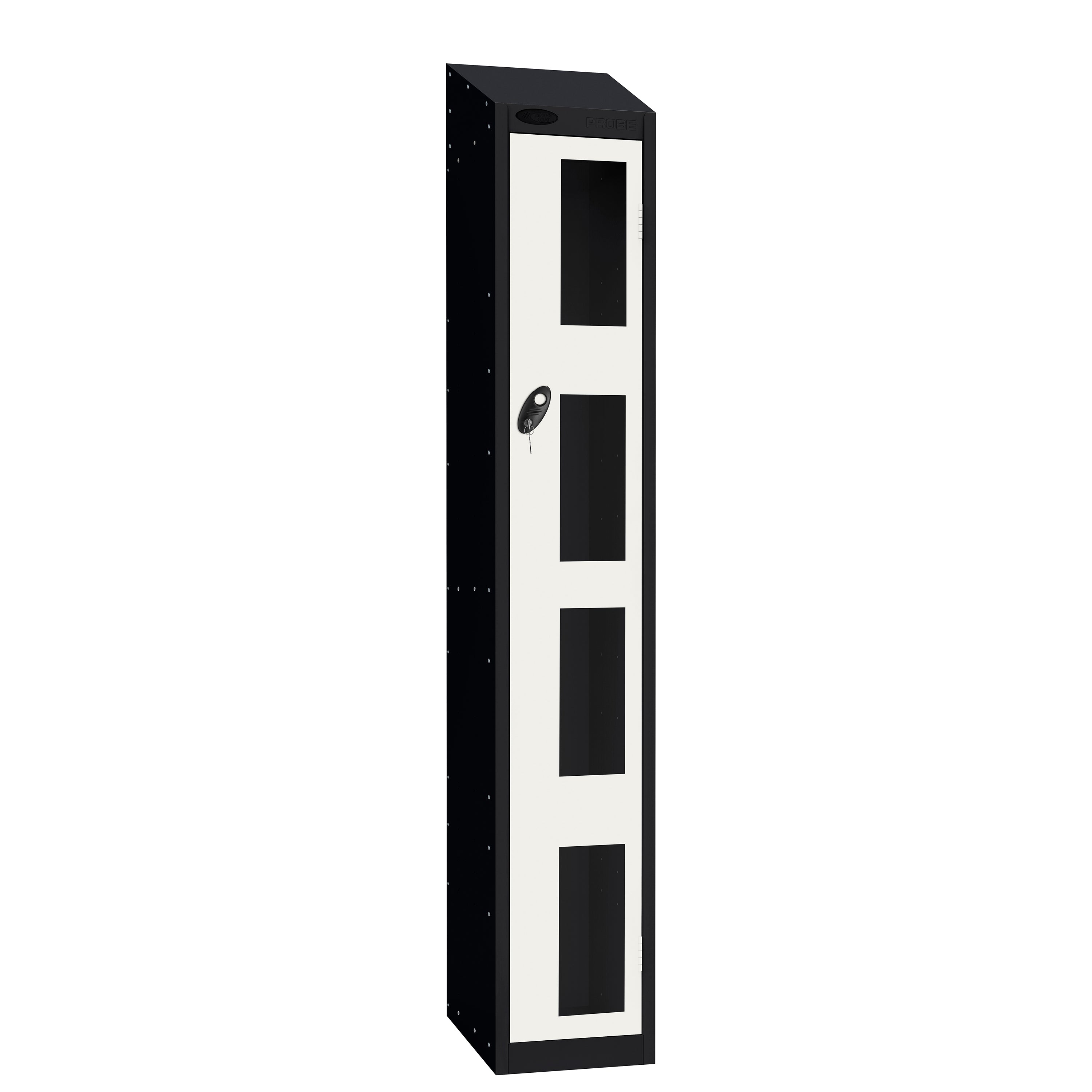 Probe Vision Panel Metric Locker — 1 Door, Sloping Top, 300mm — Black Carcass / White Doors