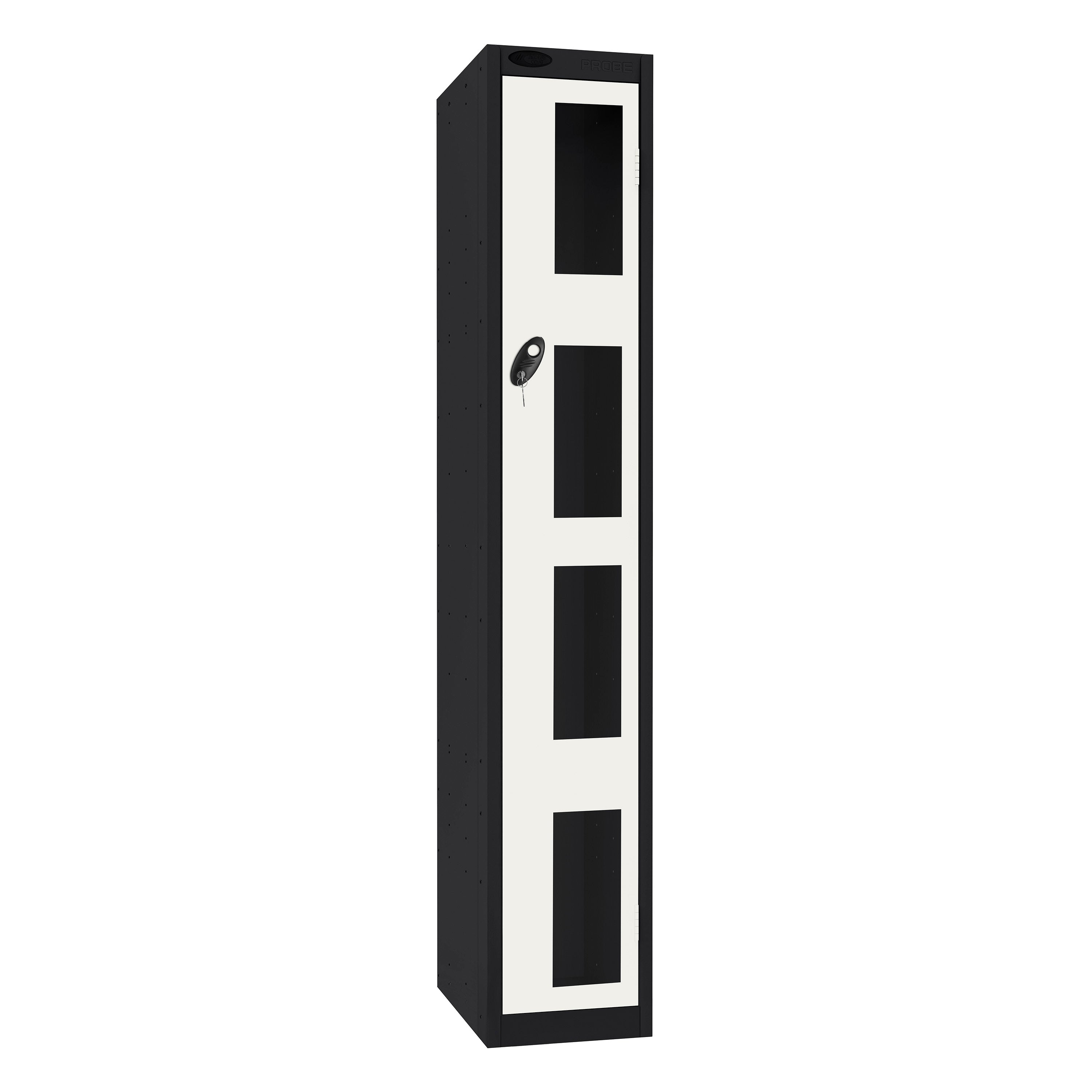 Probe Vision Panel Metric Locker — 1 Door, Flat Top, 300mm — Black Carcass / White Doors