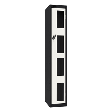 Probe Vision Panel Metric Locker — 1 Door, Flat Top, 300mm — Black Carcass / White Doors