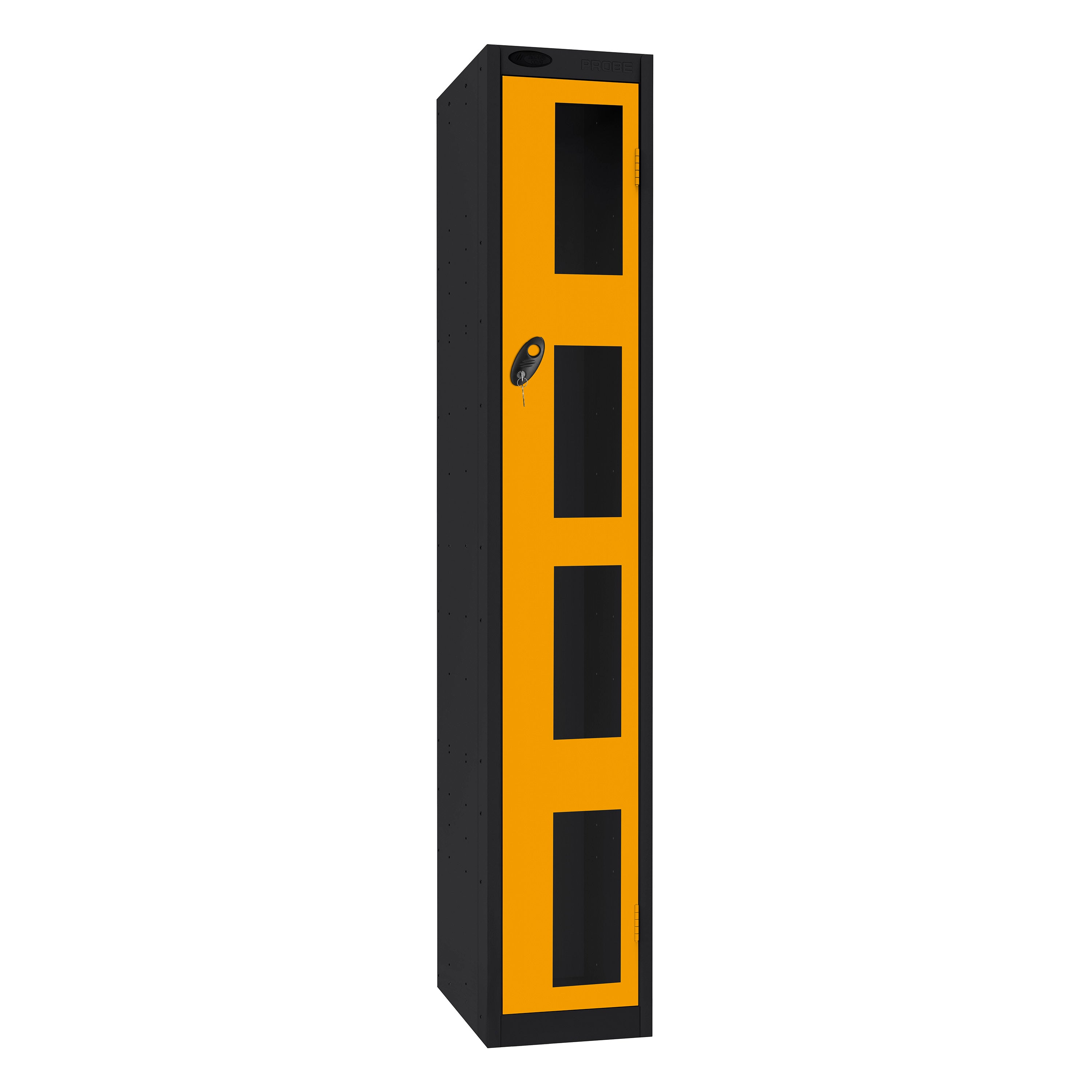 Probe Vision Panel Metric Locker — 1 Door, Flat Top, 300mm — Black Carcass / Yellow Doors