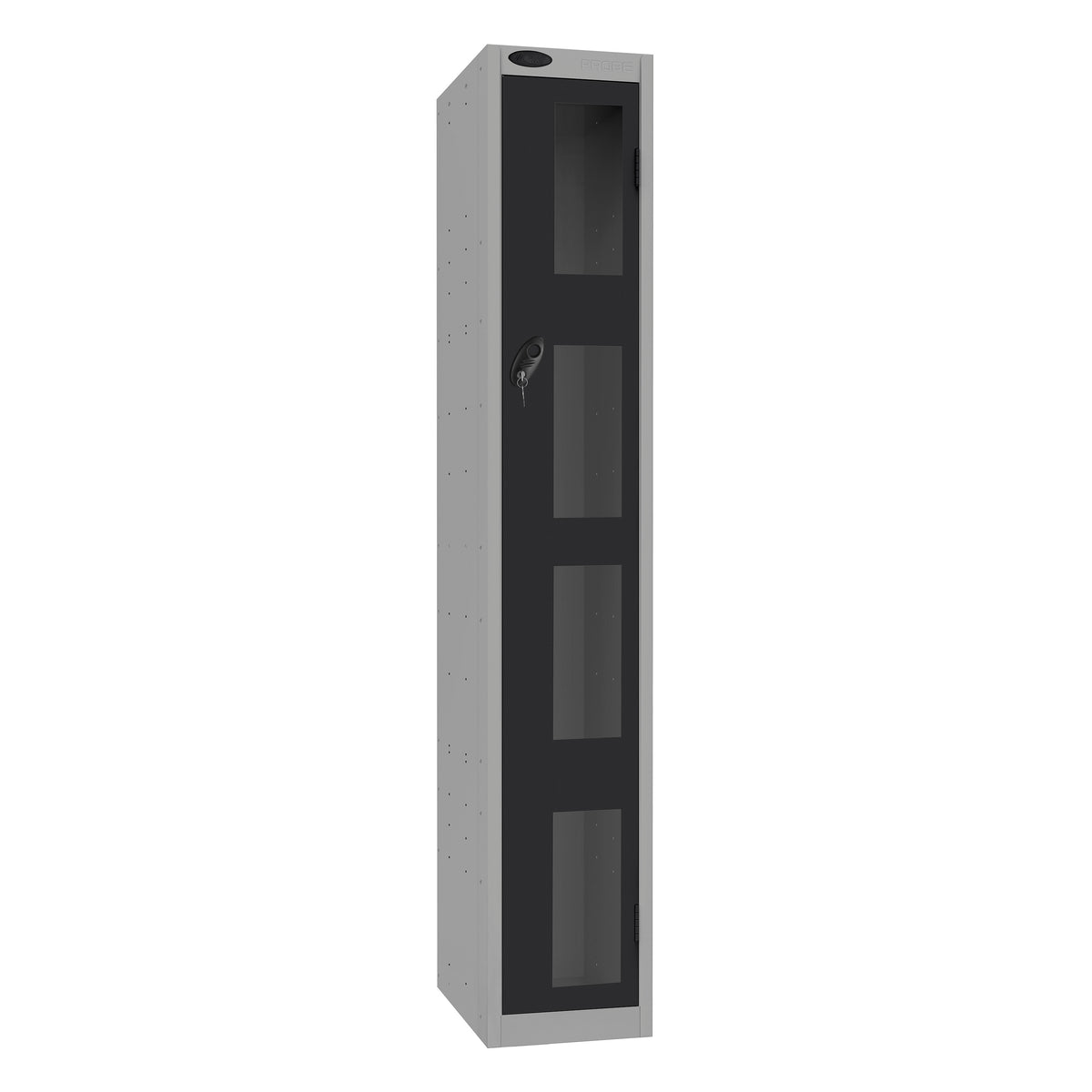 Probe Vision Panel Metric Locker — 1 Door, Flat Top, 300mm — Silver Carcass / Black Doors