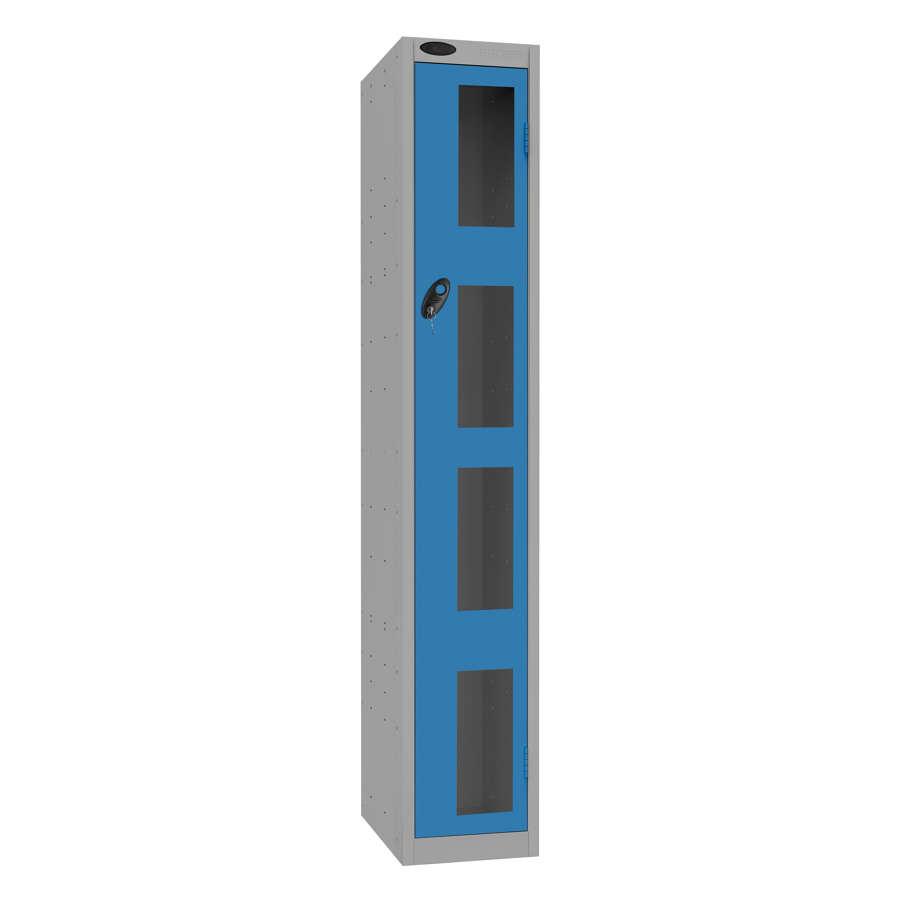 Probe Vision Panel Metric Locker — 1 Door, Flat Top, 300mm — Silver Carcass / Blue Doors