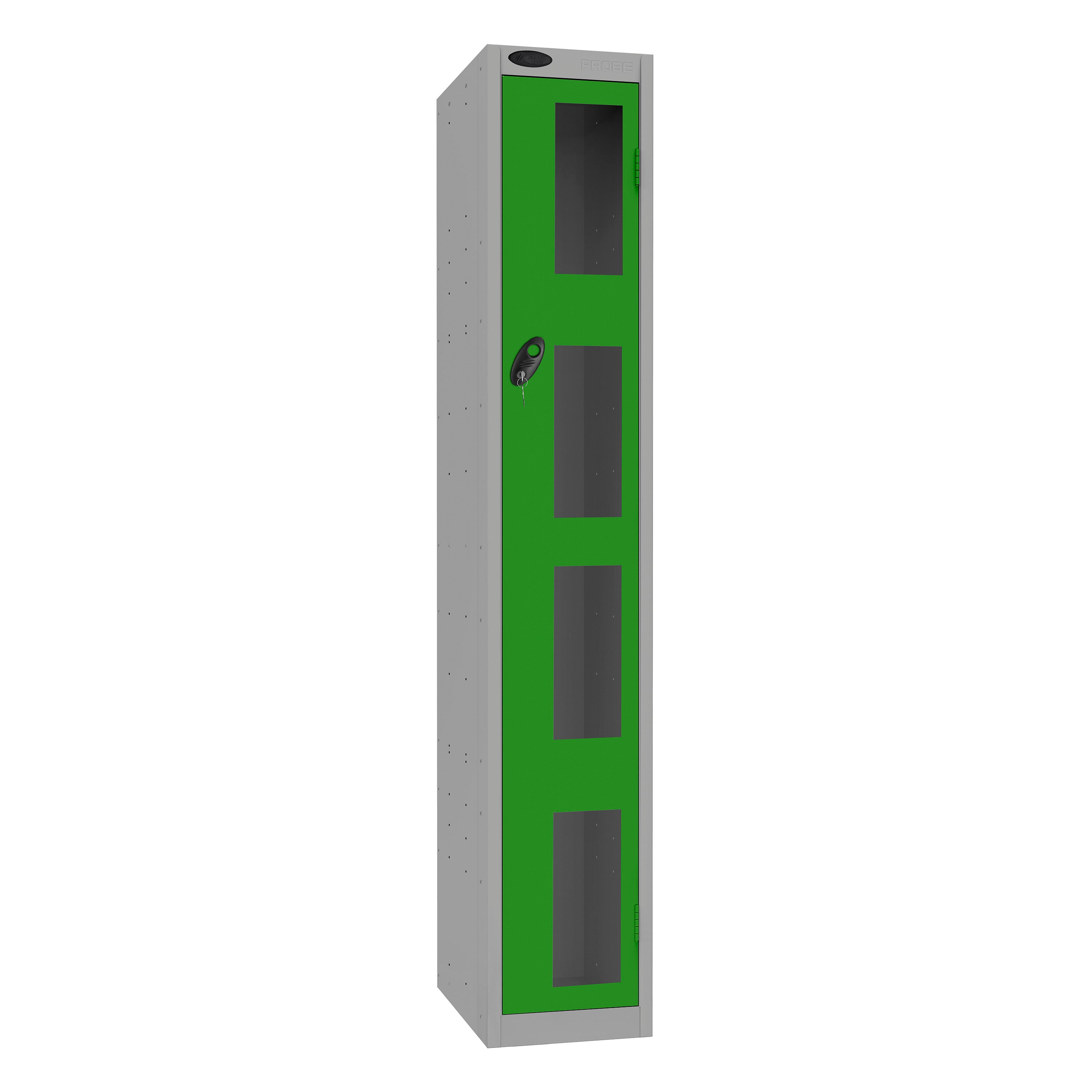 Probe Vision Panel Metric Locker — 1 Door, Flat Top, 300mm — Silver Carcass / Green Doors