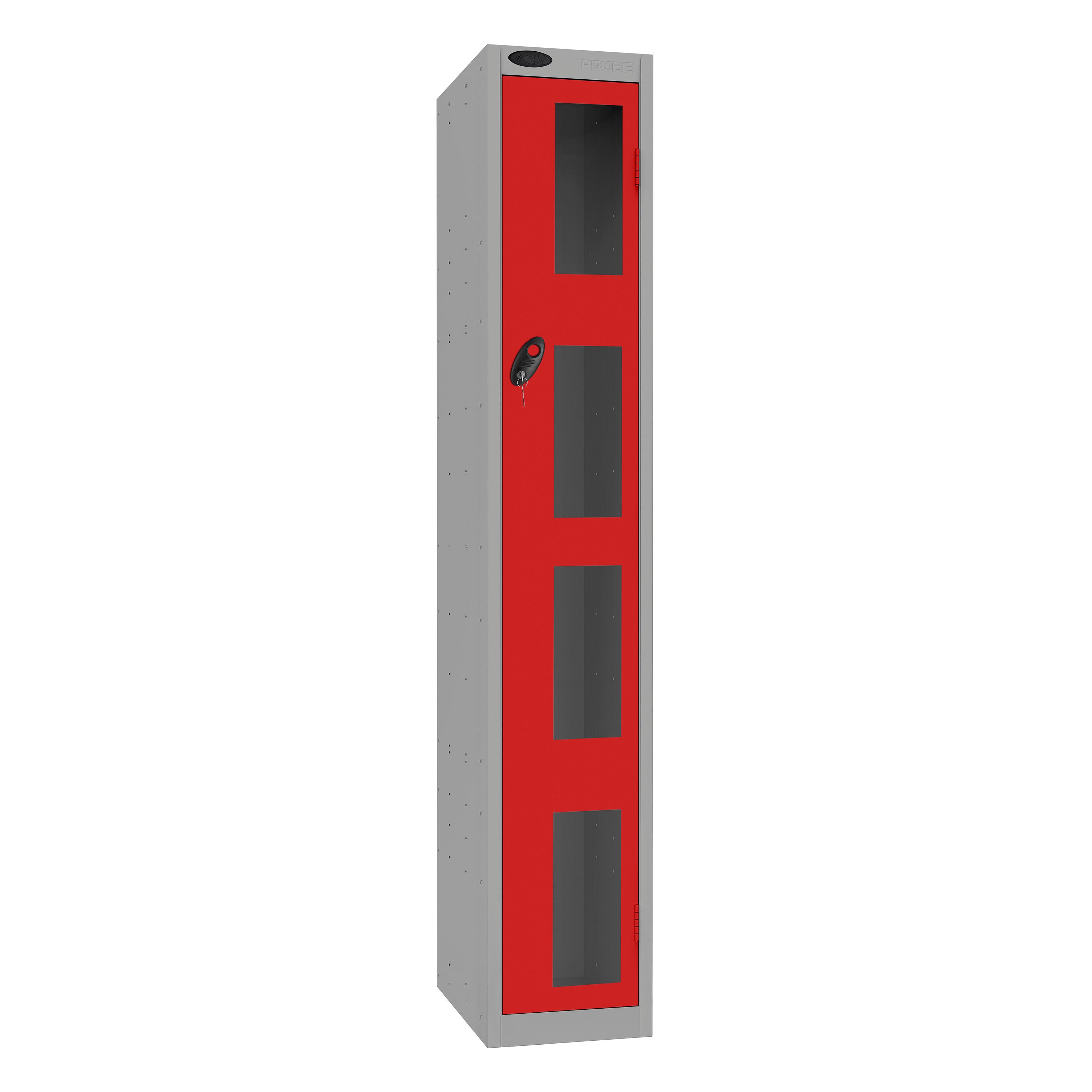 Probe Vision Panel Metric Locker — 1 Door, Flat Top, 300mm — Silver Carcass / Red Doors