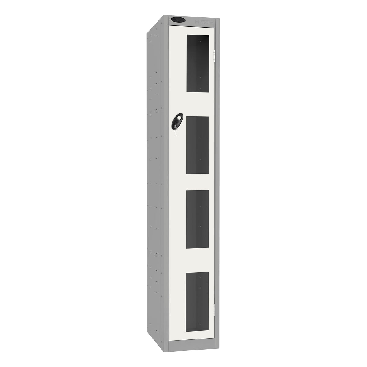 Probe Vision Panel Metric Locker — 1 Door, Flat Top, 300mm — Silver Carcass / White Doors