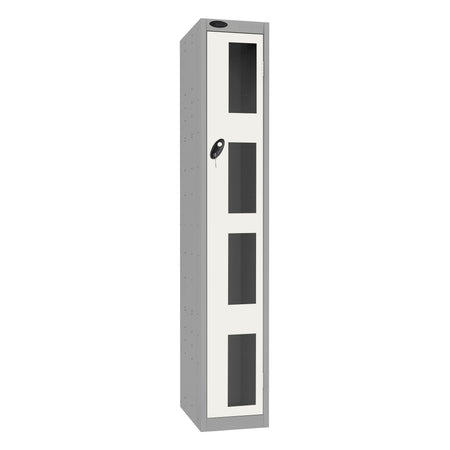 Probe Vision Panel Metric Locker — 1 Door, Flat Top, 300mm — Silver Carcass / White Doors