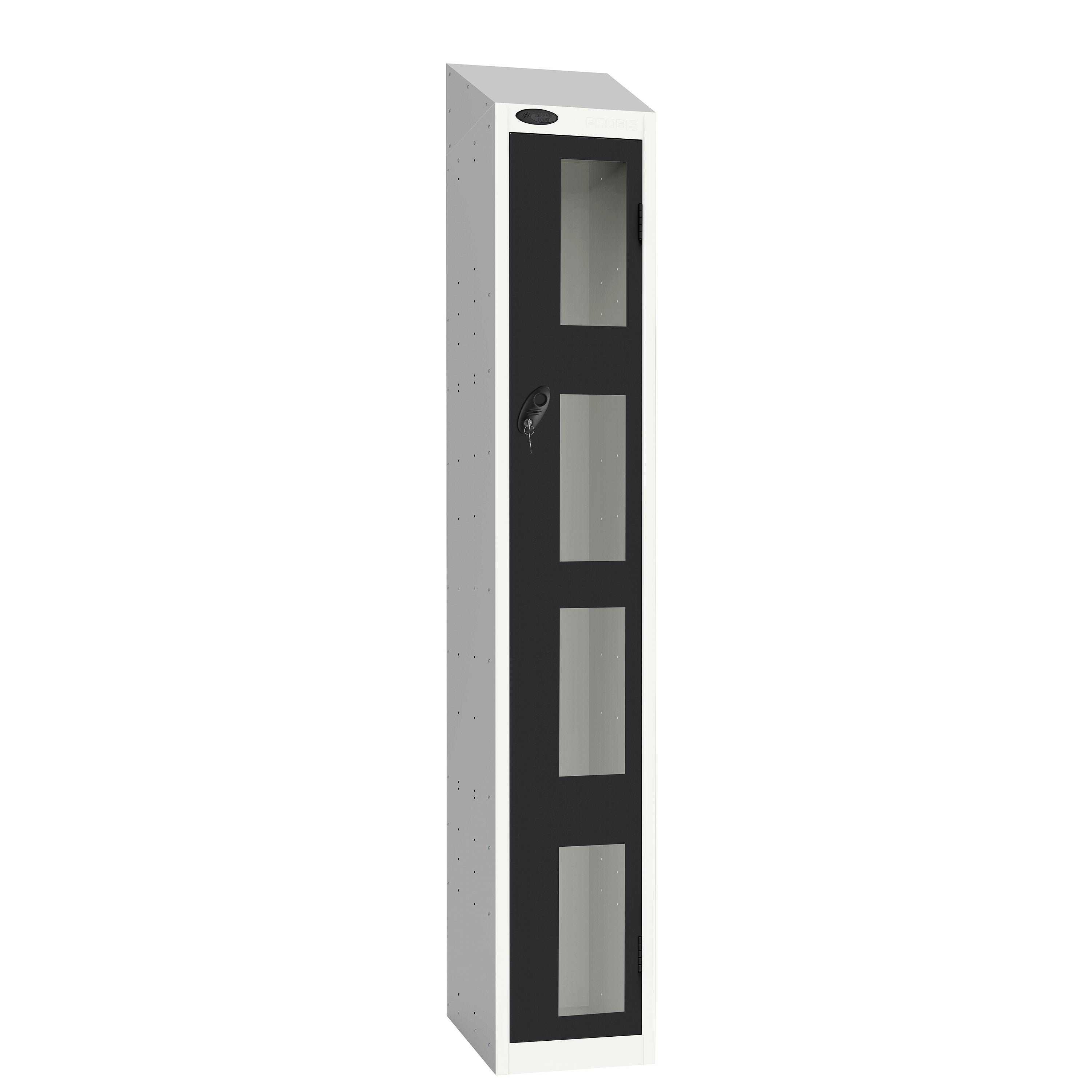 Probe Vision Panel Metric Locker — 1 Door, Sloping Top, 300mm — White Carcass / Black Doors