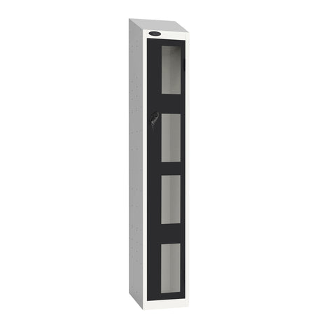 Probe Vision Panel Metric Locker — 1 Door, Sloping Top, 300mm — White Carcass / Black Doors