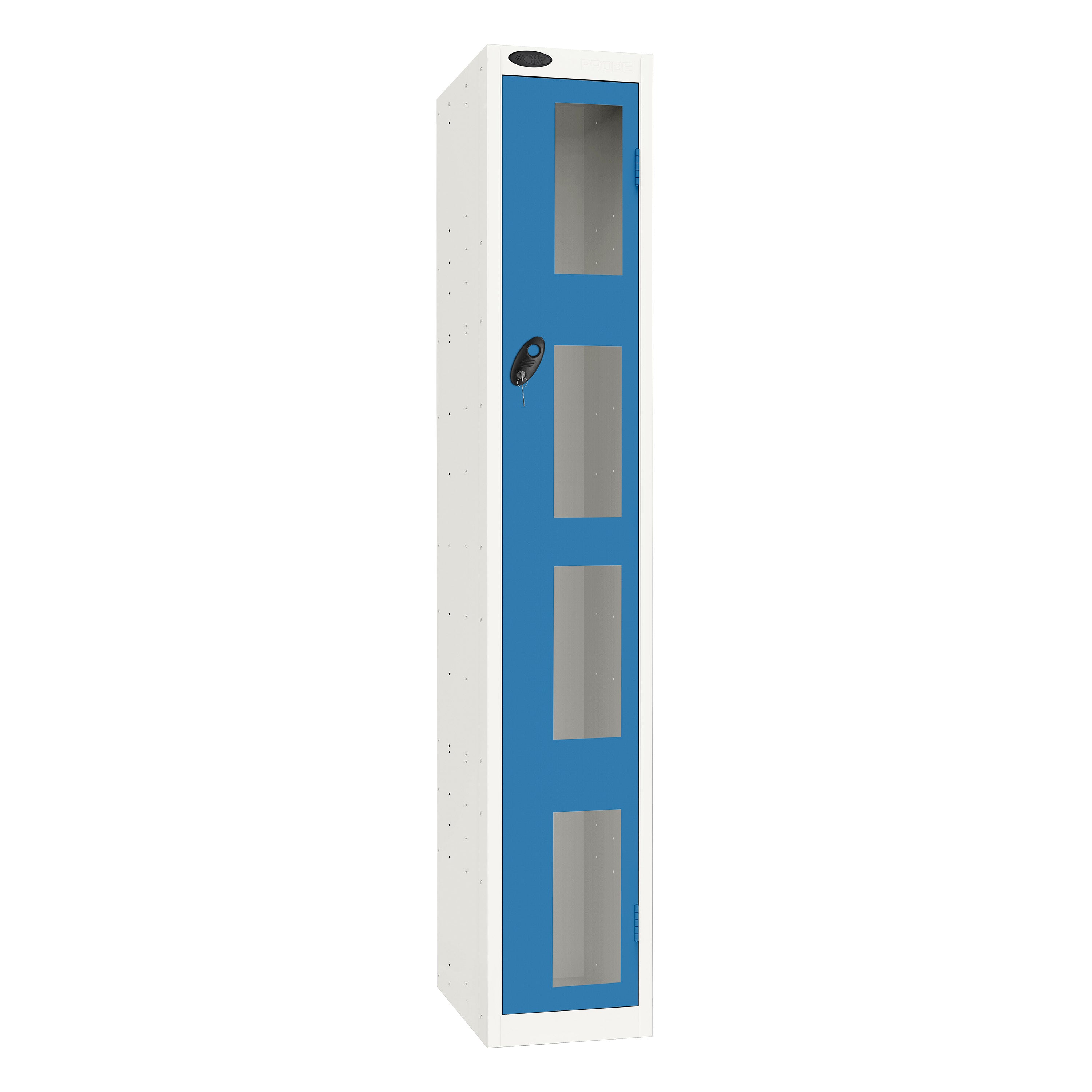 Probe Vision Panel Metric Locker — 1 Door, Flat Top, 300mm — White Carcass / Blue Doors
