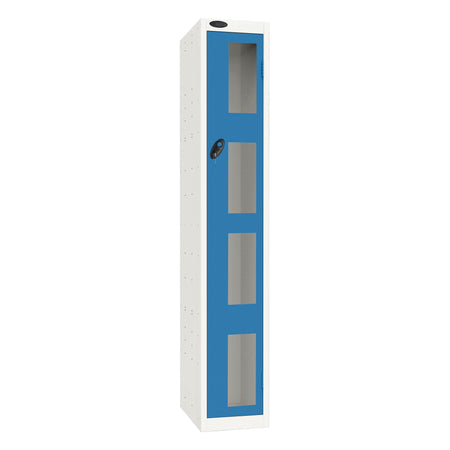 Probe Vision Panel Metric Locker — 1 Door, Flat Top, 300mm — White Carcass / Blue Doors