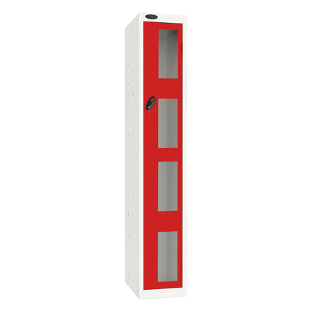 Probe Vision Panel Metric Locker — 1 Door, Flat Top, 300mm — White Carcass / Red Doors